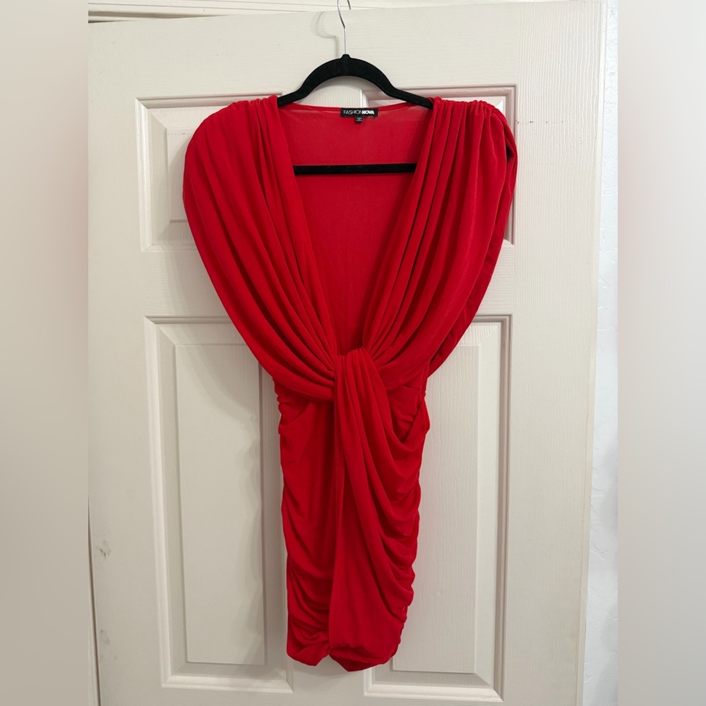 Fashion Nova Red One-Shoulder Draped Knot Dress